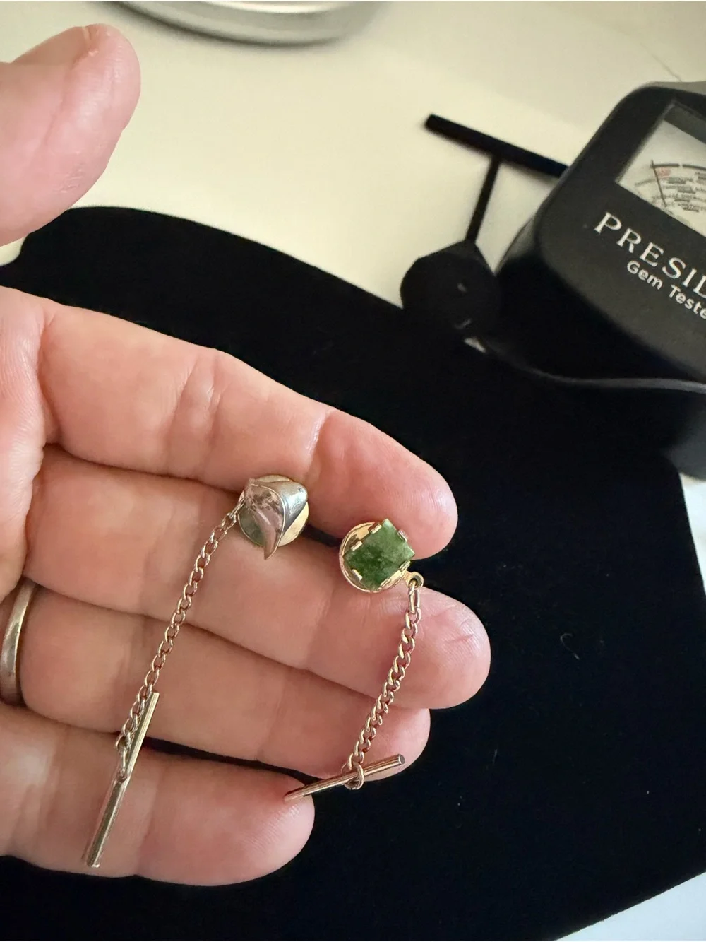 Sterling Silver,Gold Tone Jade Stone Tie Tack Set (2)
